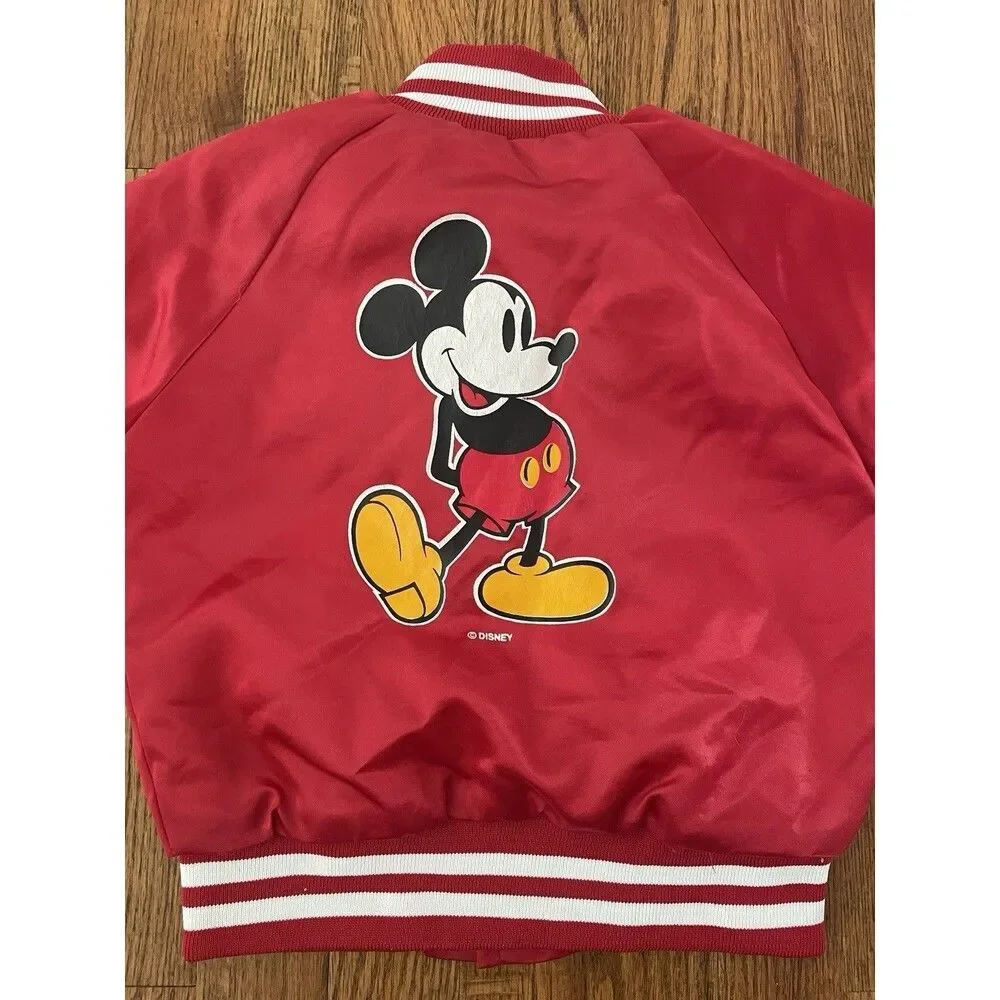 Vintage Mickey Mouse Satin Jacket Kids Size 5 Disney Red Bomber 80s 90s